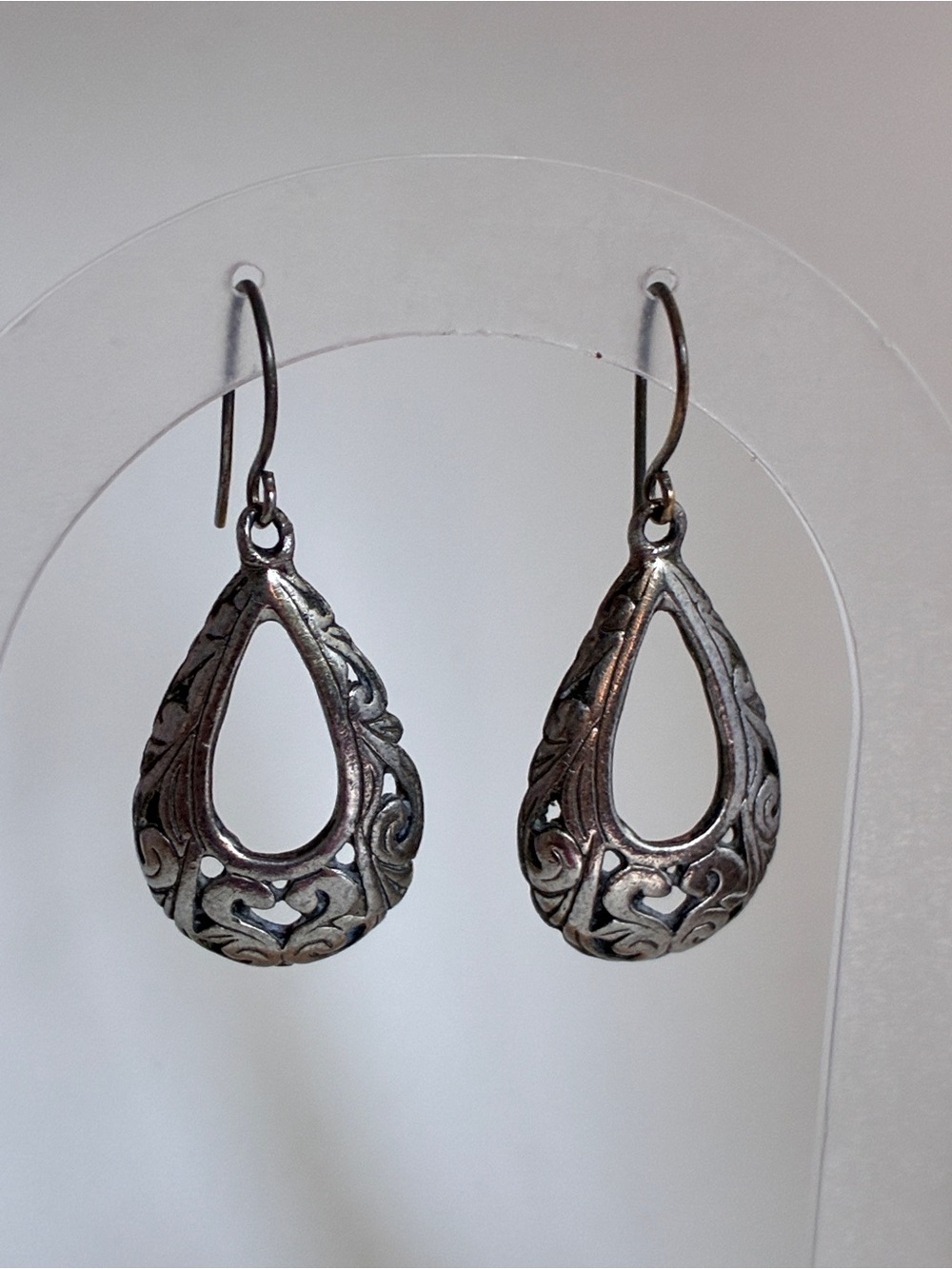 Pewter Filigree Teardrop Earrings - Silver Tone